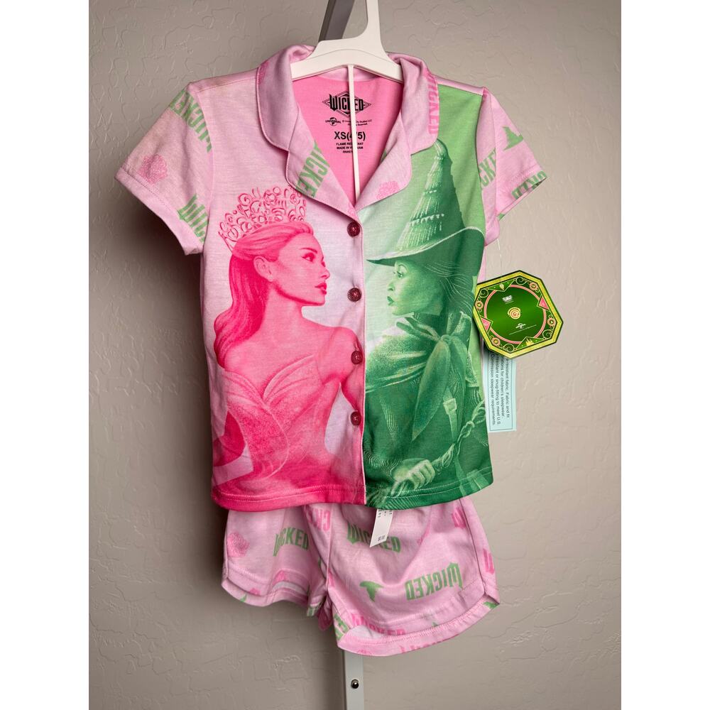 Wicked Girls 2Pc Pajama Set XS 4/5 Pink Glinda Elphaba NWT